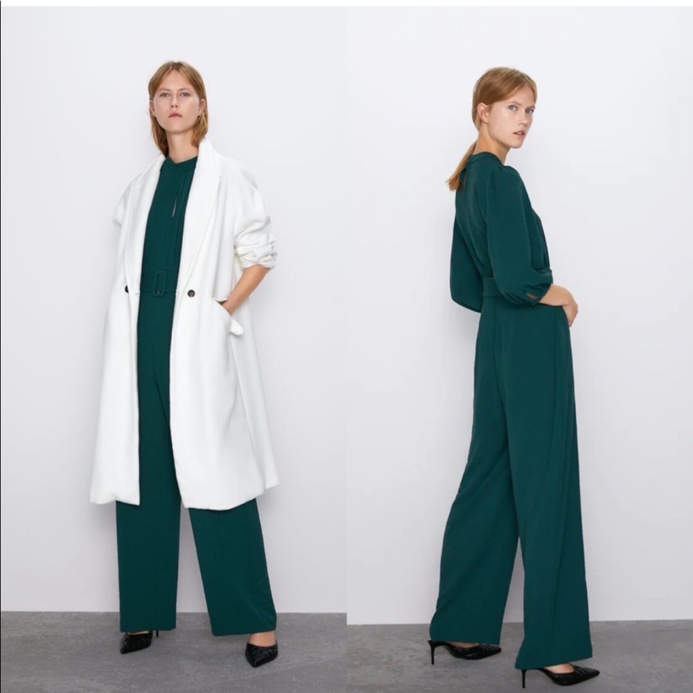 Zara Long Sleeve Belted Jumpsuit Green